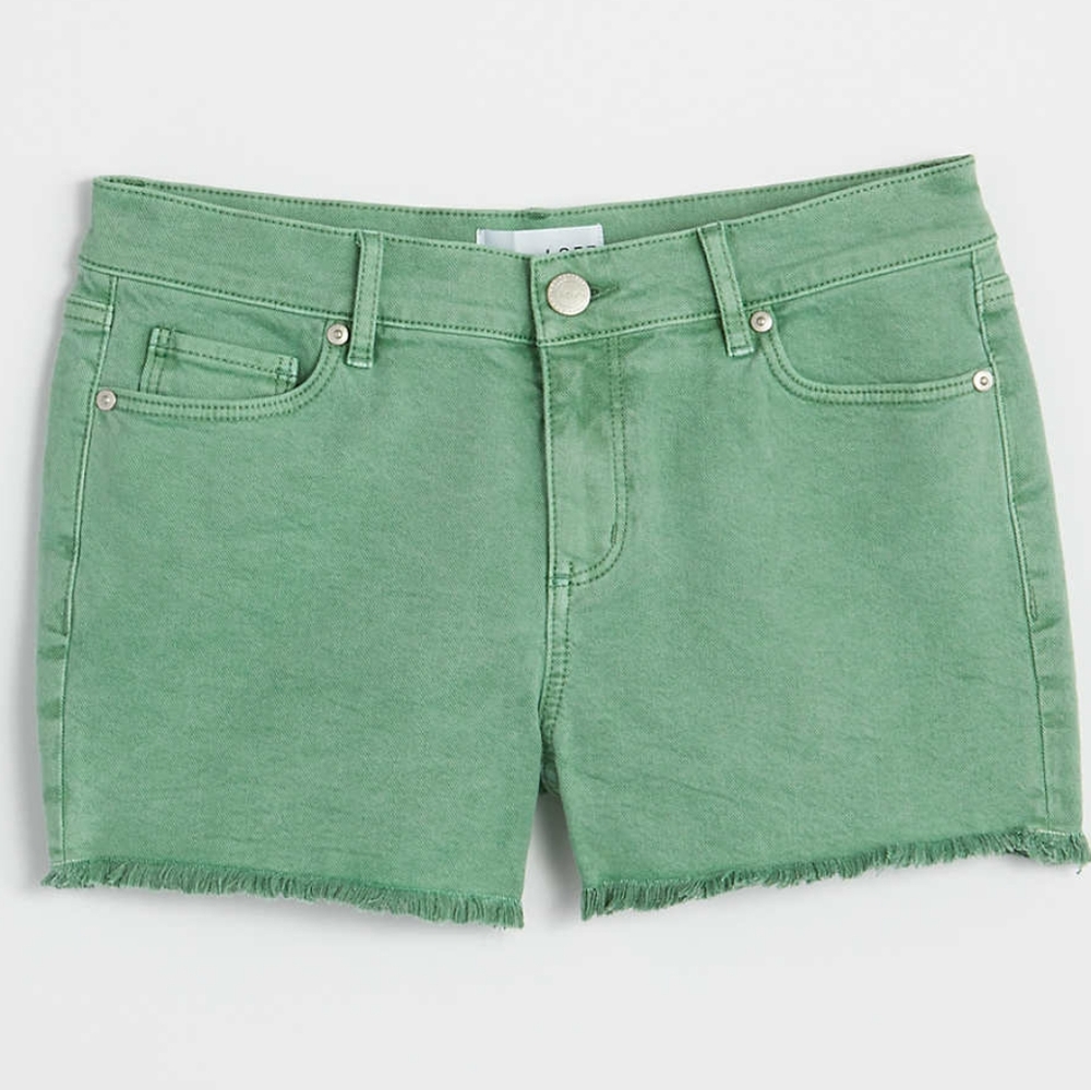 LOFT frayed hem mid rise denim shorts, 32", green - Picture 1 of 8